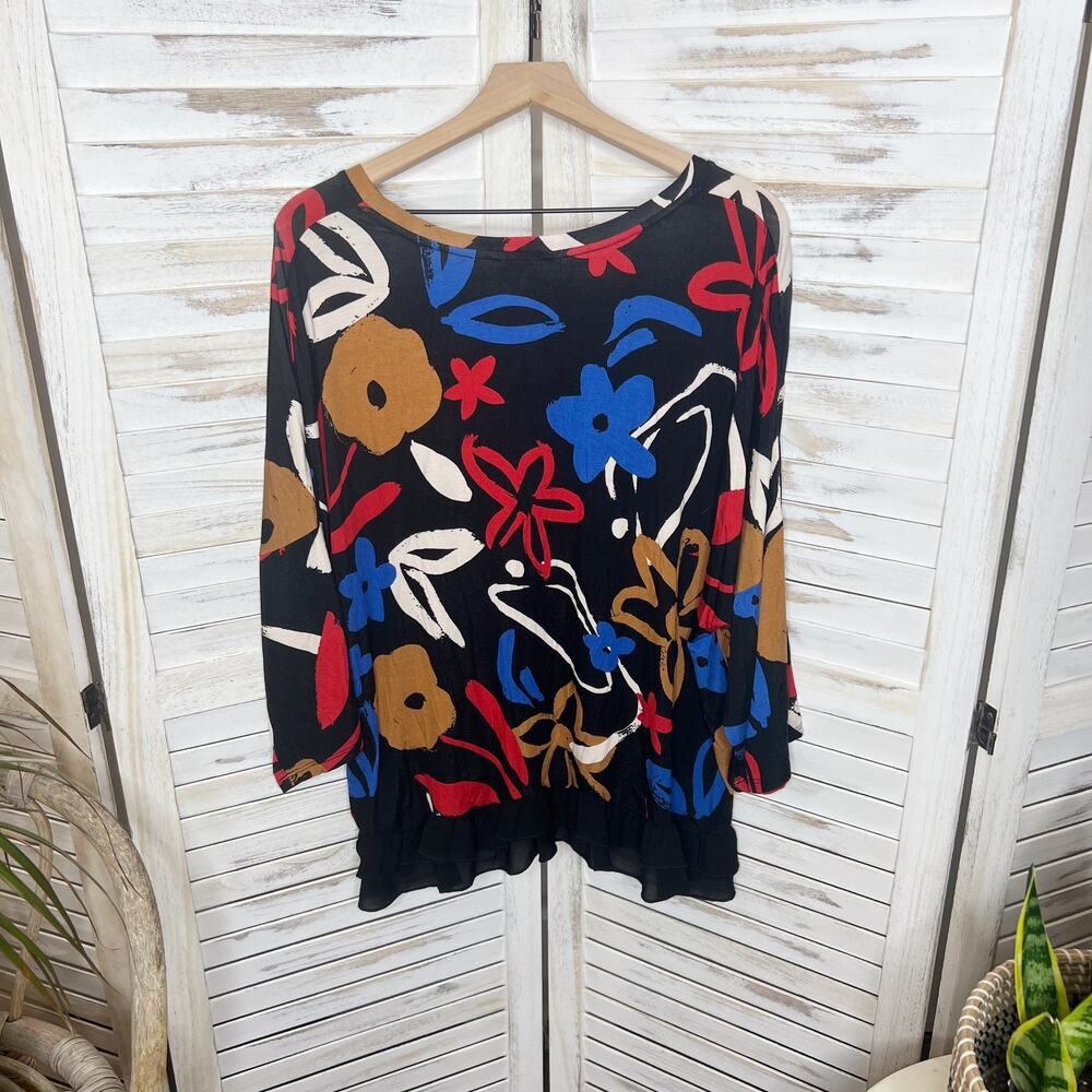 LOGO by LORI GOLDSTEIN Women's Printed Oversized Drop Shoulder Top Black Floral - Picture 10 of 11